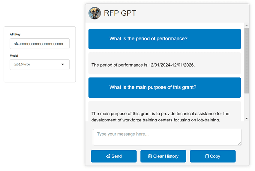Screen capture from the prototype app developed during this hackathon to allow querying of specific RFP text.