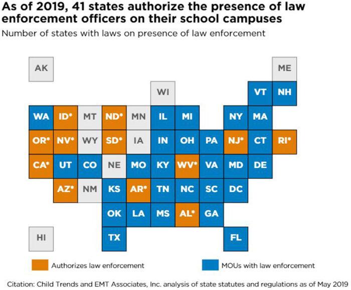 As of 2019, 41 states authorize the presence of law enforcement officers on their school campuses Number of states with laws on presence of law enforcement