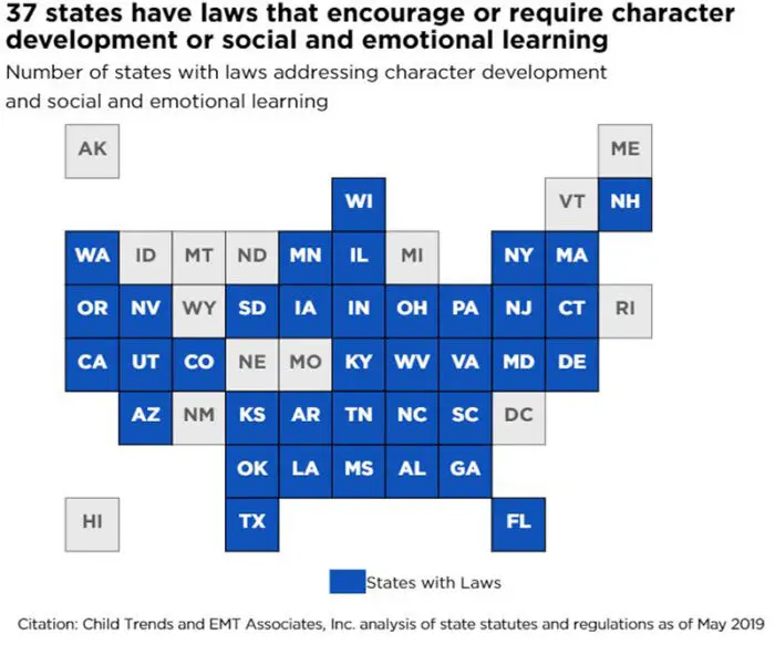 37 states have laws that encourage or require character development or social and emotional learning Number of states with laws addressing character development and social and emotional learning